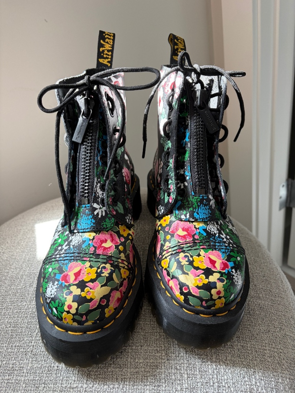 Dr. Martens Women's Sinclair Floral Mash Up Leather Platform Boots - Picture 1 of 5
